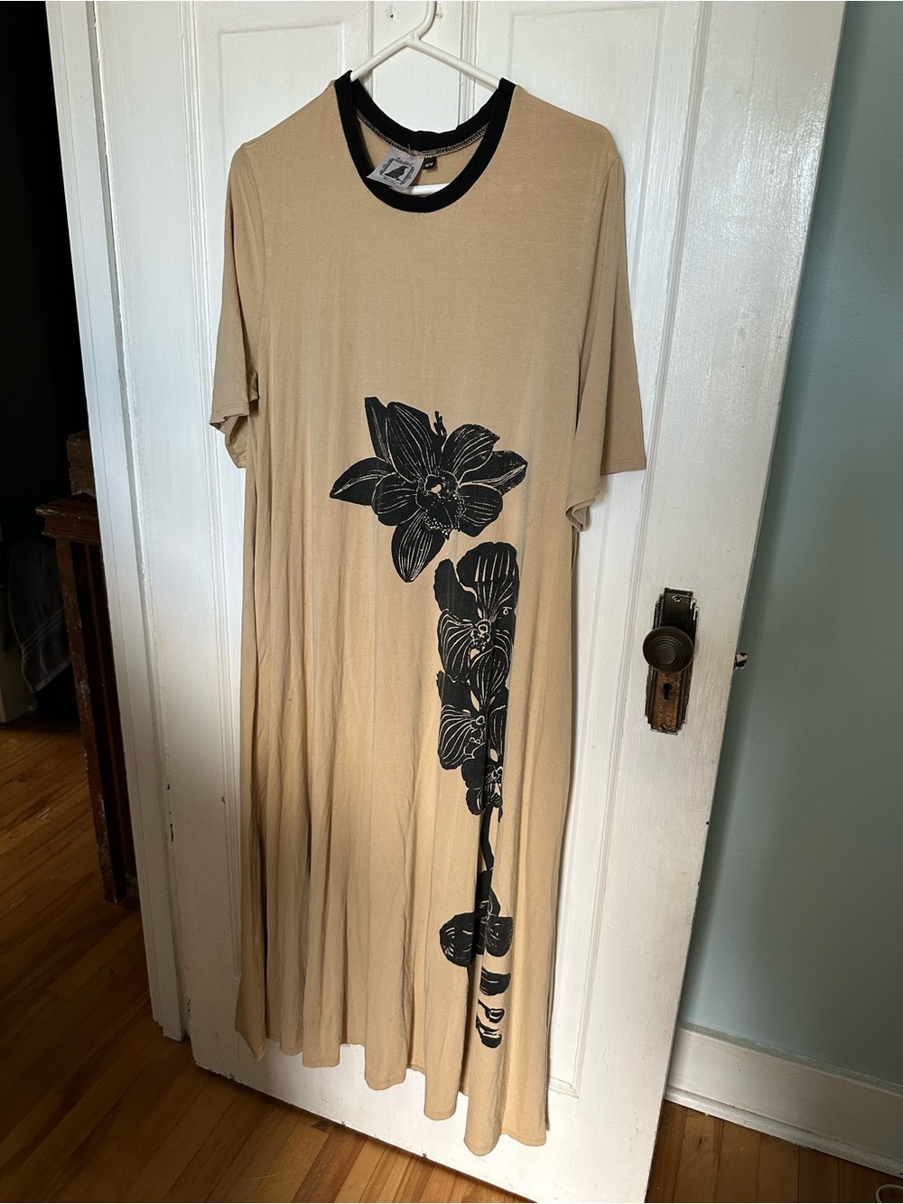 Made in Hamilton, ON beige and black orchid screen print Midi t-shirt Dress
